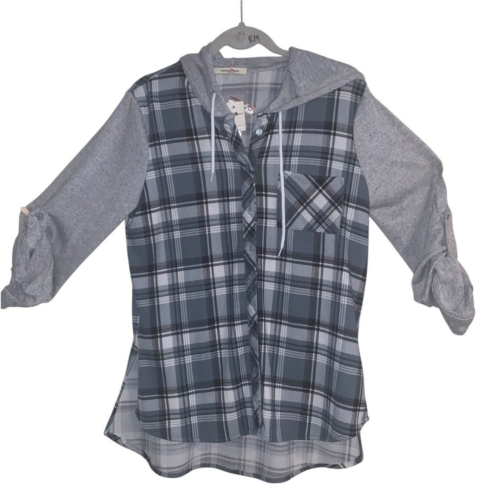 Wishful‎ Park Women's Hoodie Button Up Blue Gray Plaid M Roll Up LS Tab NWT